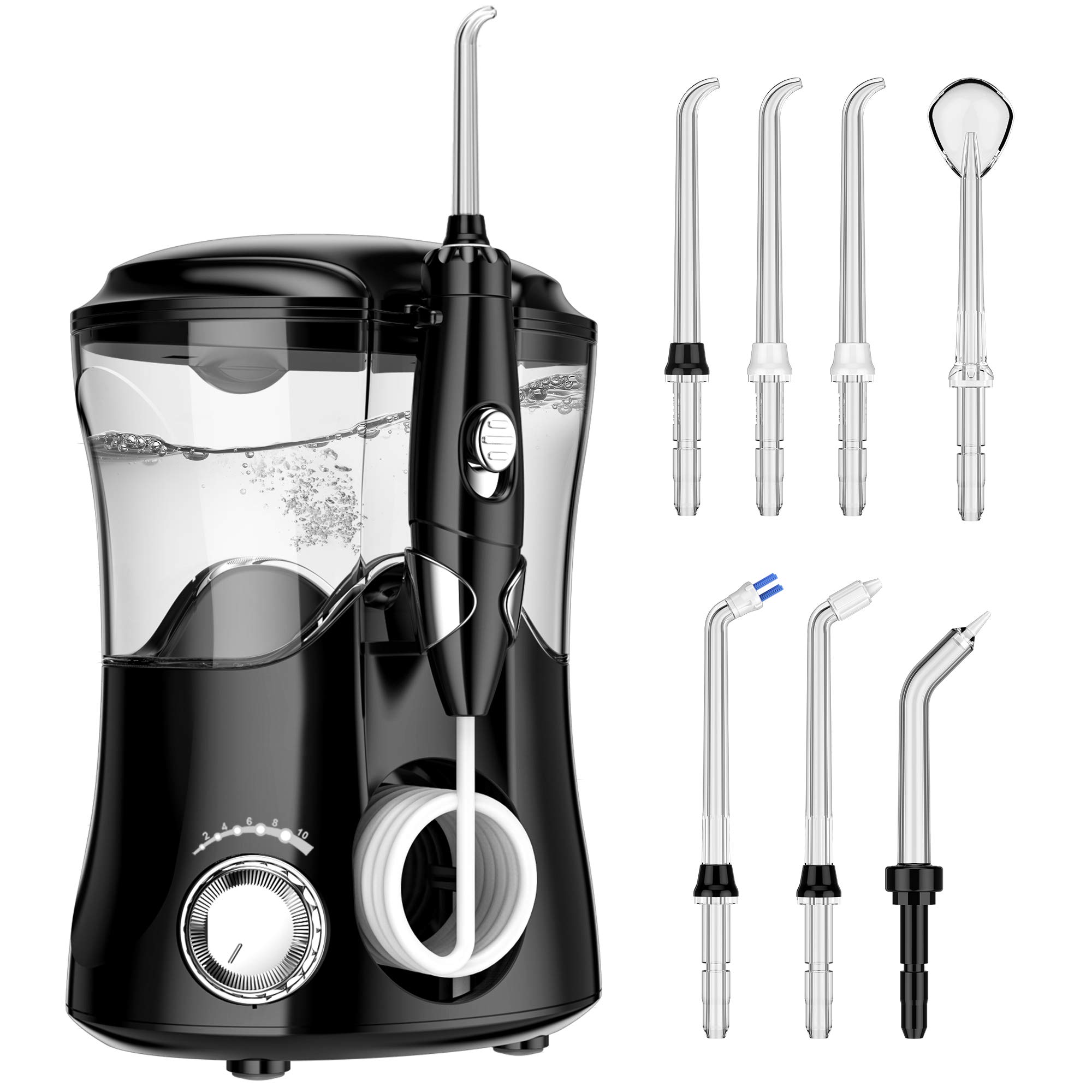 KHH Water Flosser Pick Teeth Cleaner Dental 10 Levels High Frequency Pulse Water Jet Flushing 600ML Big Capacity with 7 Jet Tips Countertop Black