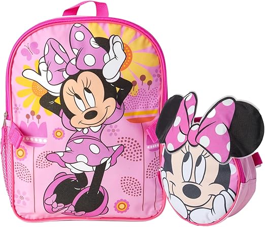 Fast Forward Minnie Mouse Kids Backpack and Lunch Box Set - 14" Girls Backpack with Lunch Box for Preschool and Kindergarten, Minnie Pink
