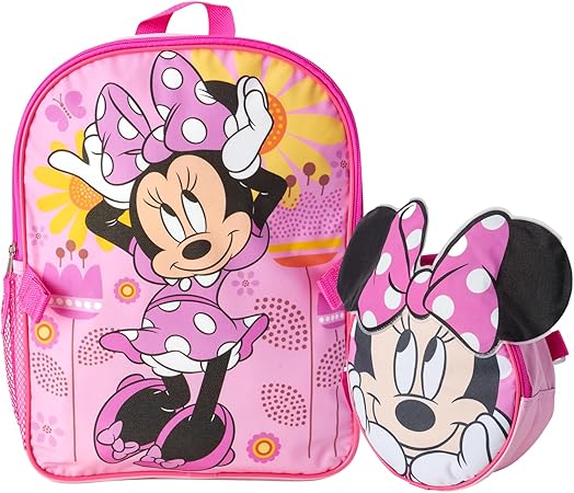 Fast Forward Minnie Mouse Kids Backpack and Lunch Box Set - 14" Girls Backpack with Lunch Box for Preschool and Kindergarten, Minnie Pink