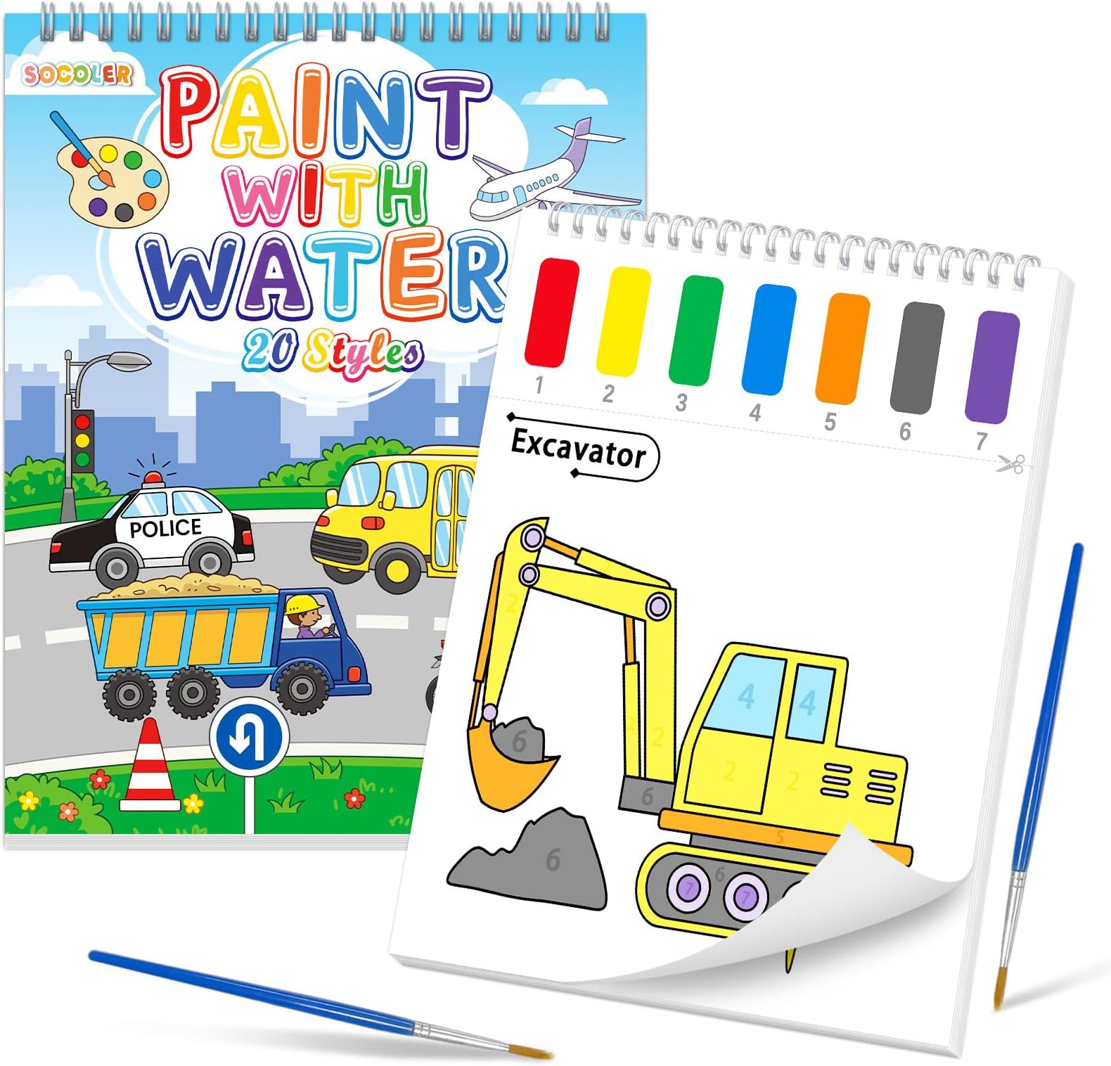 SOCOLER Paint with Water Coloring Books for Toddlers, Traffic Theme Mess Free Watercolor Painting Papers for Kids Water Color Paint Kit Art Craft Birthday Gift for Ages 1-3, 4-8