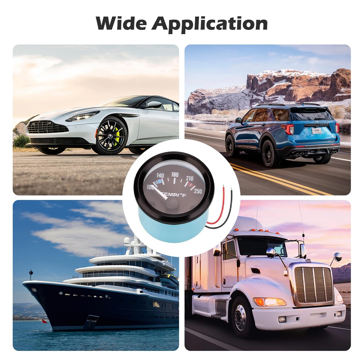 Universal 2"/52mm Water Temperature Gauge 100-250℉ Water Temp Gauge Kit DC12V with LED Light Indicator Display and Sensor for Ship Car Truck Vehicle Automotive Boat Marine (White Pointer)