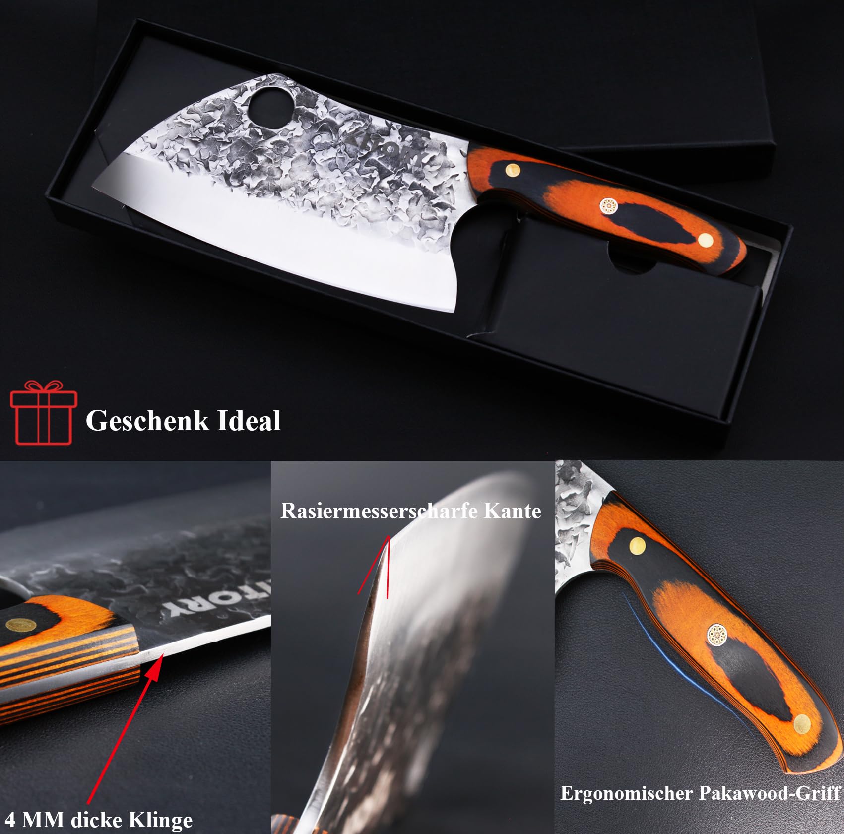 Kitory Serbisches Hackmesser 18cm, Chinesisches Küchenmesser für Fleisch & Knochen, Handgeschmiedet, Pakkaholz-Griff mit Mosaik-Niete