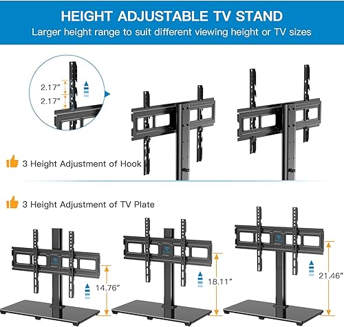 Vista 4 de PERLESMITH Universal TV Stand Table Top TV Base for 32-82 inch LCD LED OLED 4K Flat Screen TVs-Height Adjustable TV Mount Stand with Tempered Glass
