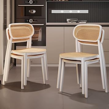 JKGHK Dining Chairs Set of 1/2/4, Rattan Plastic Room Chair, Kitchen Chairs Stools with Curved Backrest, Stackable Armless Living Room Chair, for Outdoor, Home IndoorWhite,4PCS