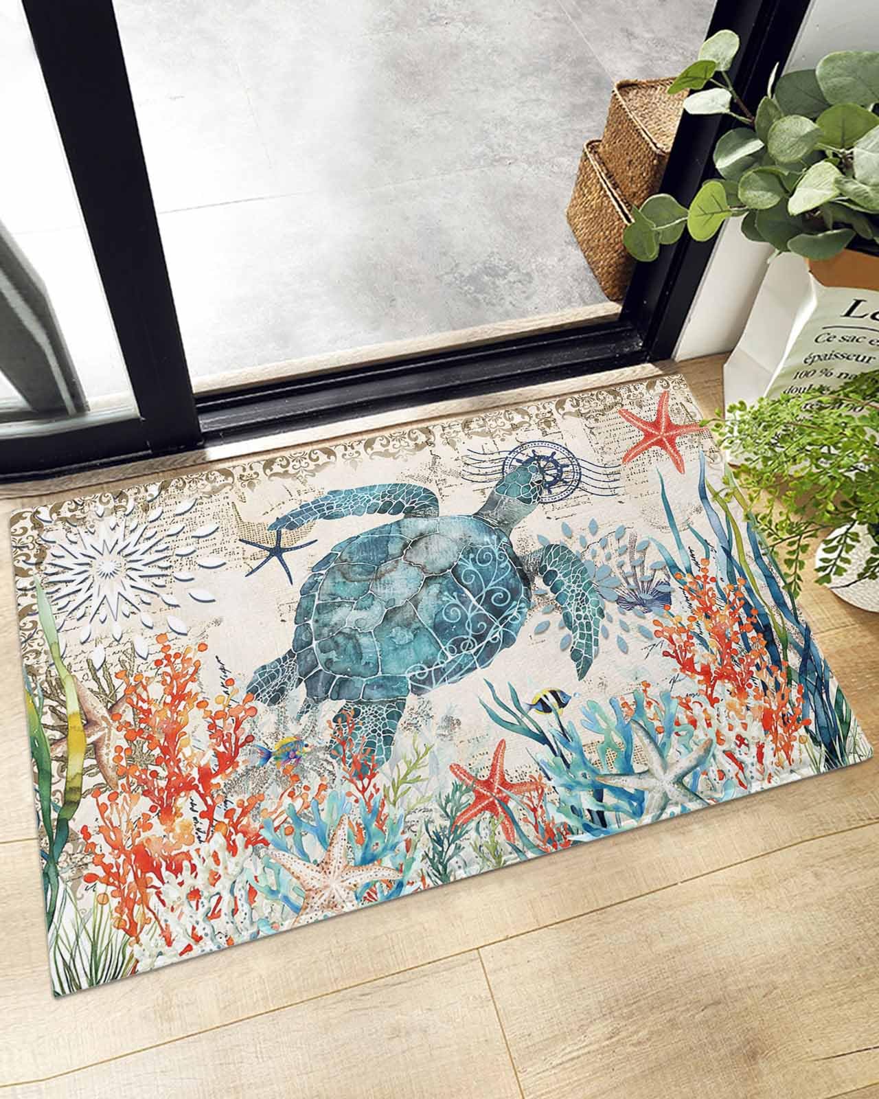 Indoor Doormat Nautical Vintage Marine Turtle Coral Starfish,Shaggy Floor Mat with Non-Skid Backing Underwater Lifes,Machine Washable Plush Area Rug Carpets for Kitchen Nursery Bedroom