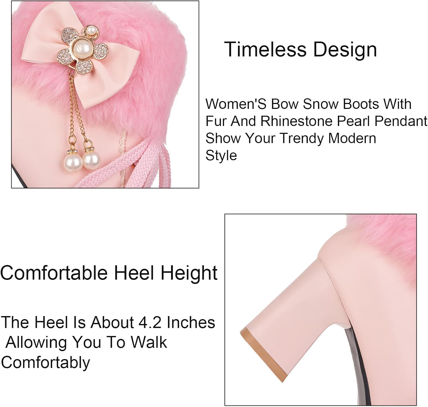 Women'S Leather Lace-Up Mid Block Heel Ankle Boots Fashion Round Toe Furry Bow Chunky Heels Snow Boots For Wedding Party