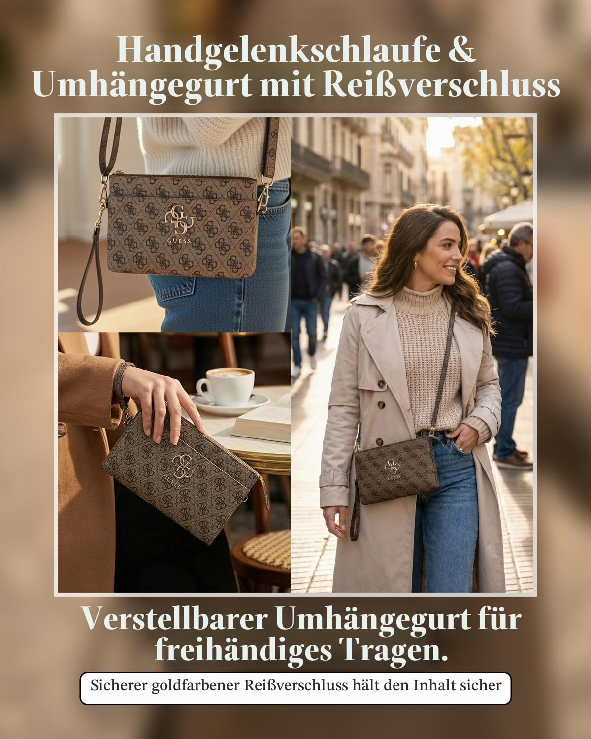 CG MOBILE Guess 4G Clutch-Handytasche mit großem Logo (Braun)