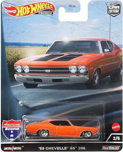 Hot Wheels Premium 1969 Chevy Chevelle SS 396 Naranja con Rayas Negras Escena Americana Serie Cultura Coche Modelo Fundido a Presión HCJ83