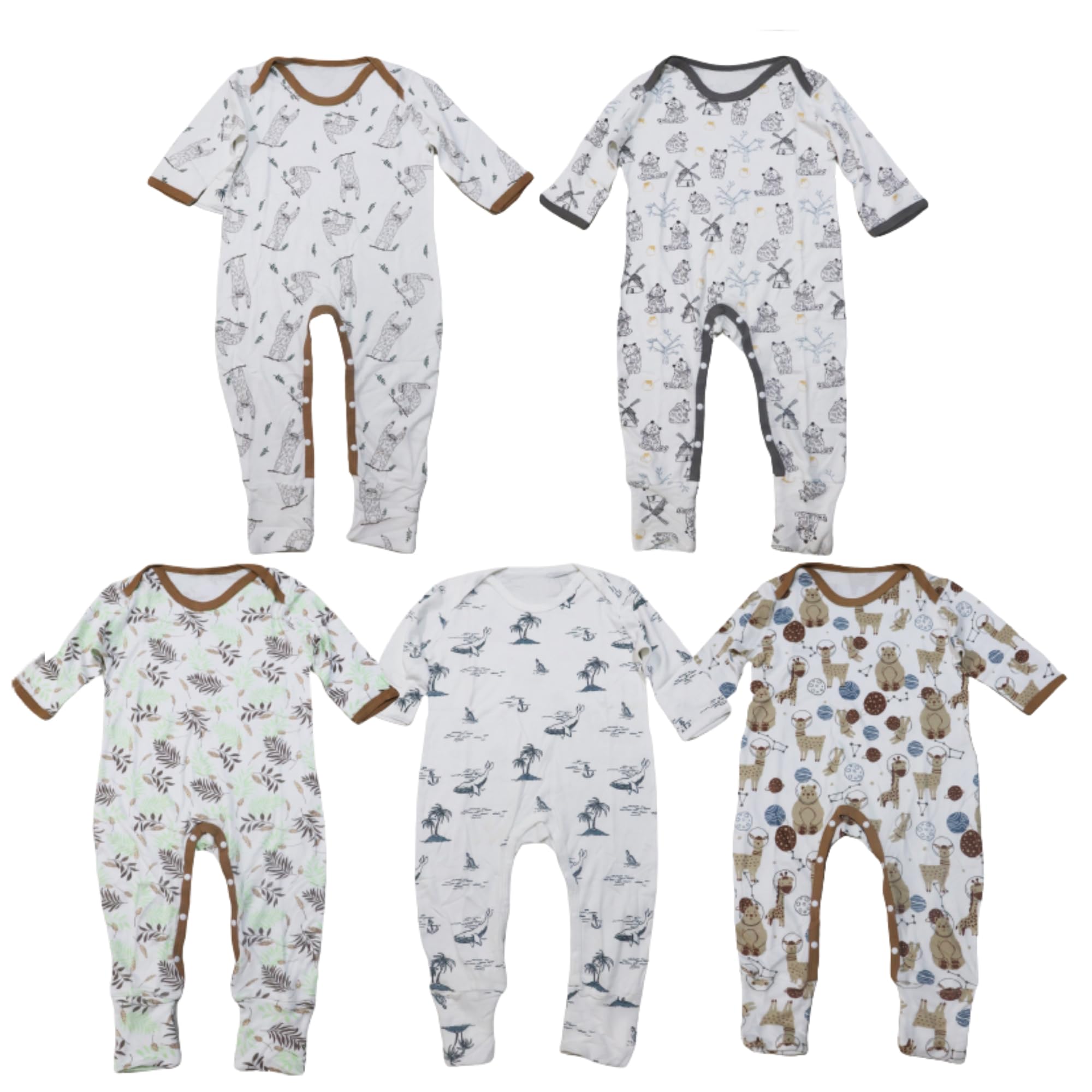 KaWaii Essentials Unisex Organic Cotton Bodysuit Romper, Foldover Hand & Foot Cuff, Stretchy & Comfy Pack of 5 for Babies 9-12 Months, Pack of 5 Multicolor