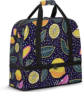 Summer Lemon Sports Gym Duffel Bag for Men Women Abstract Leaves Fruit with Shoe Compartment Weekender Overnight Bags Travel Bag Carry on Backpack for Swim Fitness Workout