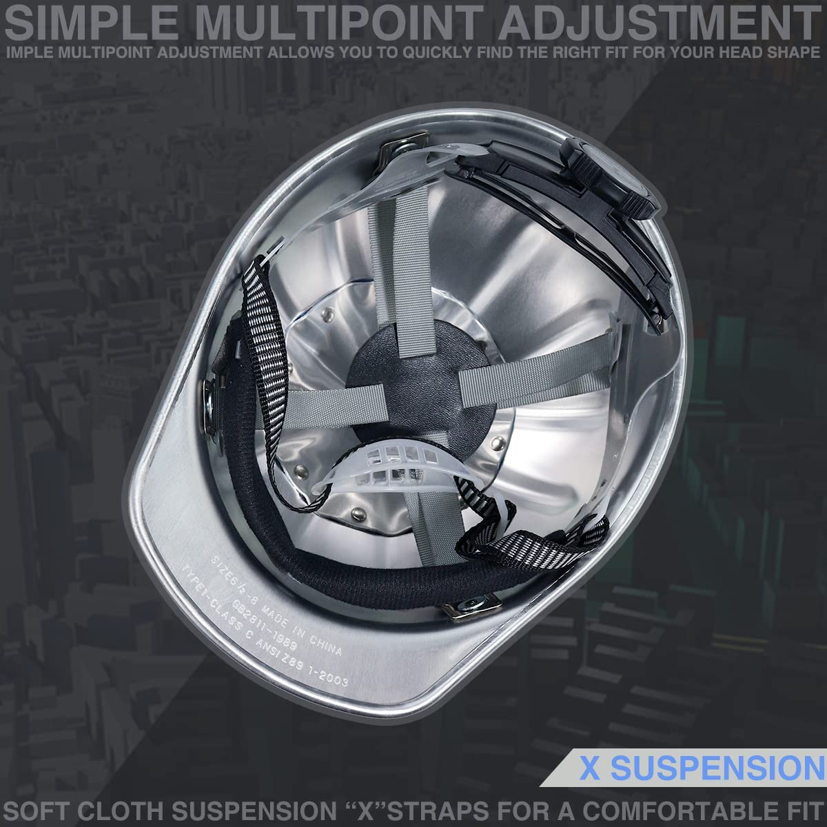 Casco de Obra de Seguridad de Aluminio con Visera Completa y Suspensión de Trinquete, Color Plateado, Talla Única