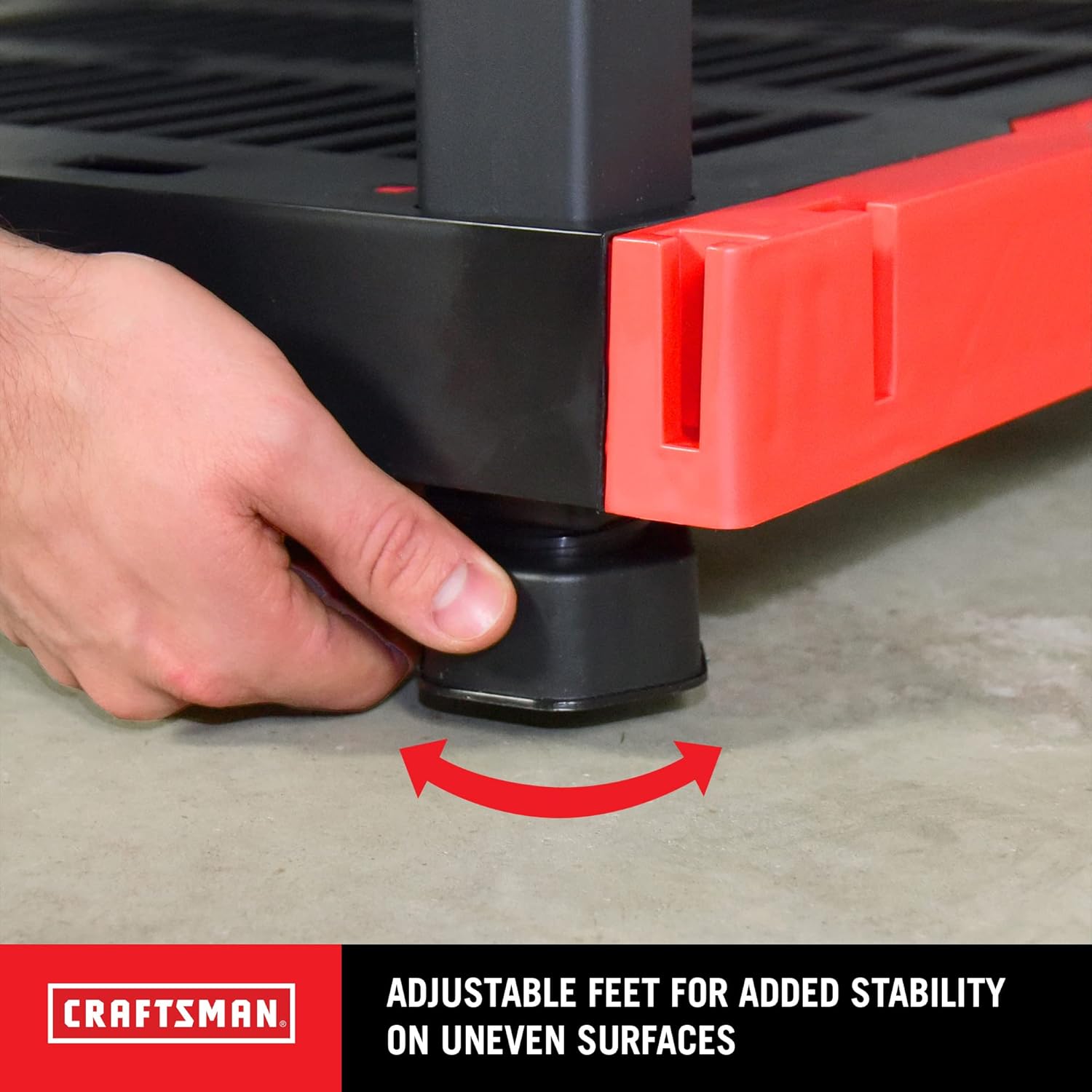 Close-up of a hand adjusting the leveling foot on the storage rack