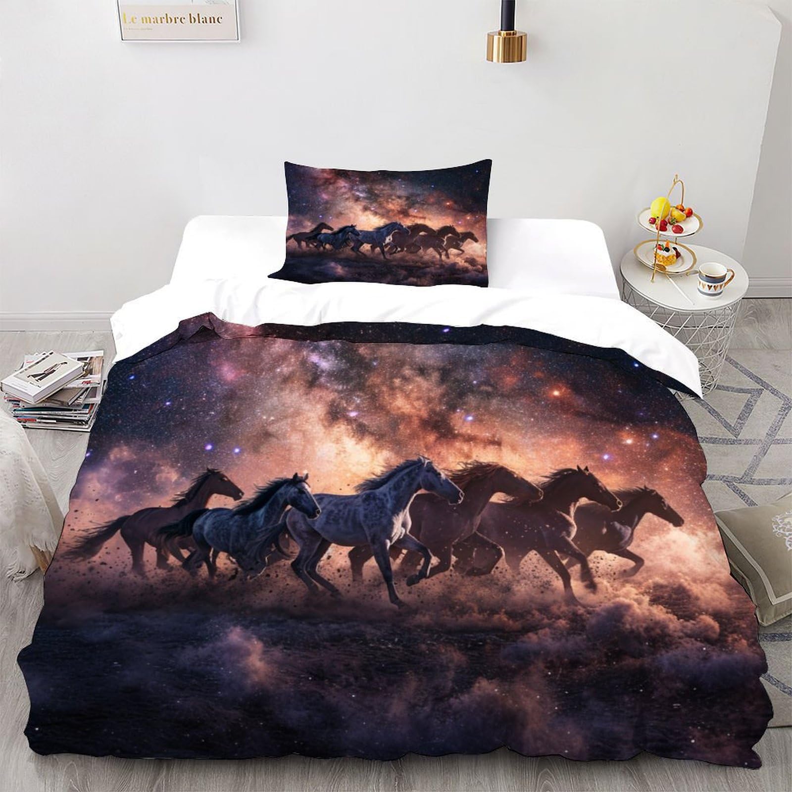 Housse de couette cheval sans repassage parure de lit microfibre 135x200