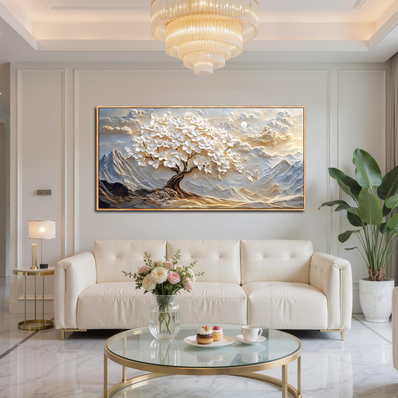 SERIMINO Wandbilder Wohnzimmer Groß, Weiß Baum des Lebens Leinwand Bilder mit Rahmen, Aesthetic Botanische GemäLde, Modern Berge Wanddekoration für Lobby Flur Schlafzimmer Esszimmer Büro 73x146 cm