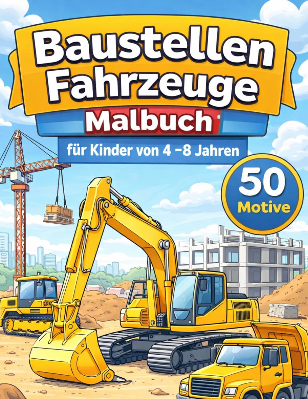 Baustellen Fahrzeuge Malbuch für Kinder 4-8 Jahre: 50 Motive mit Bagger, Kran, LKW und Baustellen Maschinen: 50 Motive mit Bagger, Kran, LKW und ... – Großer Malspaß für Jungen und Mädchen