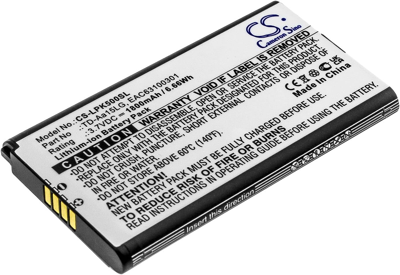 Cameron Sino Battery for LG Music Flow P5, Music Flow P5 Strap, NP5550B, NP5550BR, NP5550WL, NP5558MC PN:LG EAC63100301, TD-Aa15LG 1800mAh / 6.66Wh