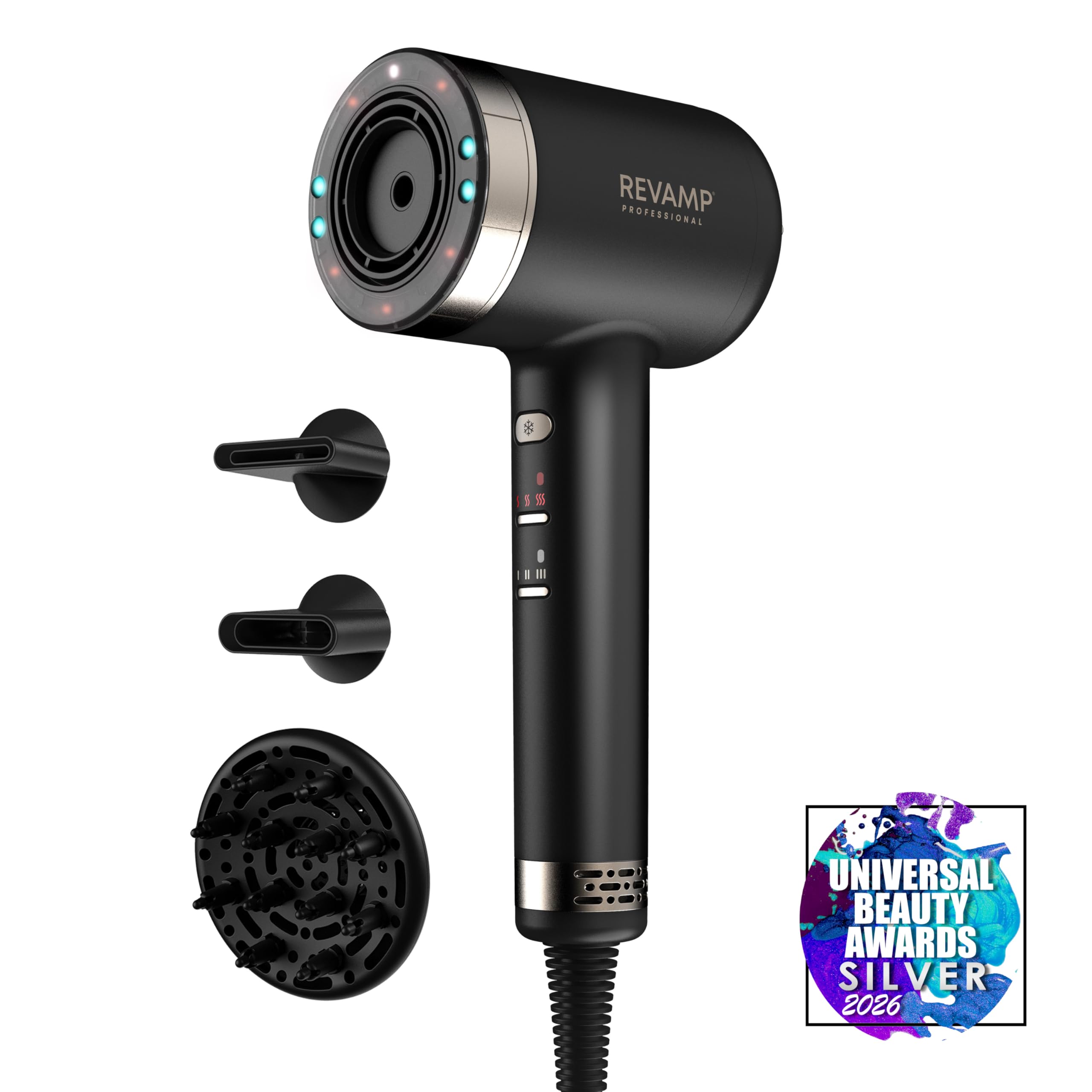 REVAMP Seche Cheveux Professionnel Tri-Care – Seche Cheveux Infrarouge, Ions & Lumière Rouge/Bleue, 3 Embouts Magnétiques – Séchage Ultra-Rapide, Silencieux, Brillance avec Huiles Progloss