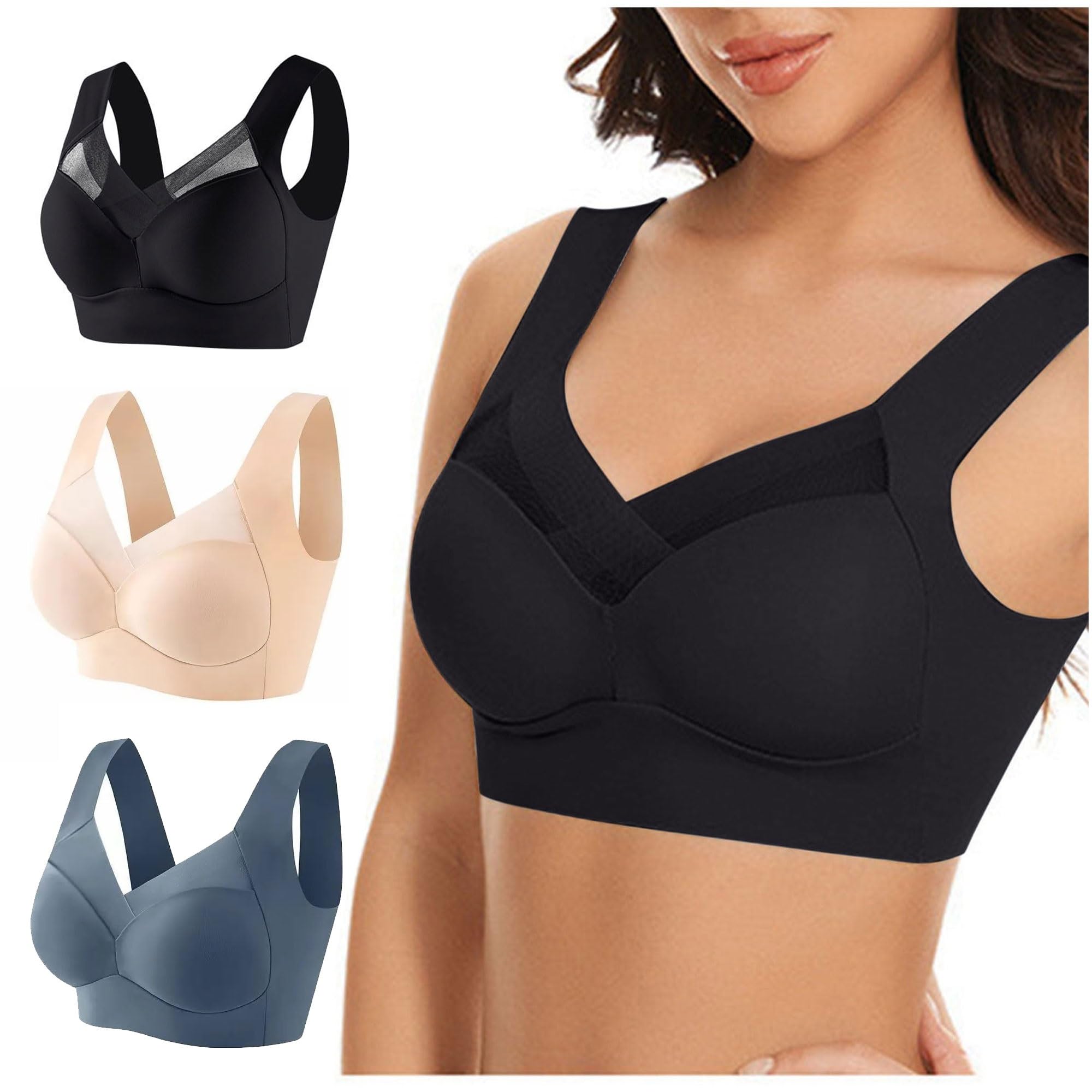 Biustonosz damski Plus Size bez fiszbin - 3-częściowy oddychający bralette, wygodny miękki push-up, do spania, sportu i na co dzień (L-6XL)