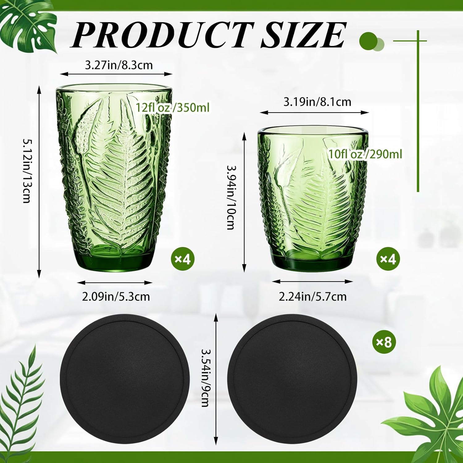Green Drinking Glasses Set of 8 with Coasters 10 &12 oz Vintage Fern Leaves Textured Green Glass Cups Boho Aesthetic Retro Glassware Embossed Pattern Xmas Gift Drinkware for Juice Whiskey - Image 3