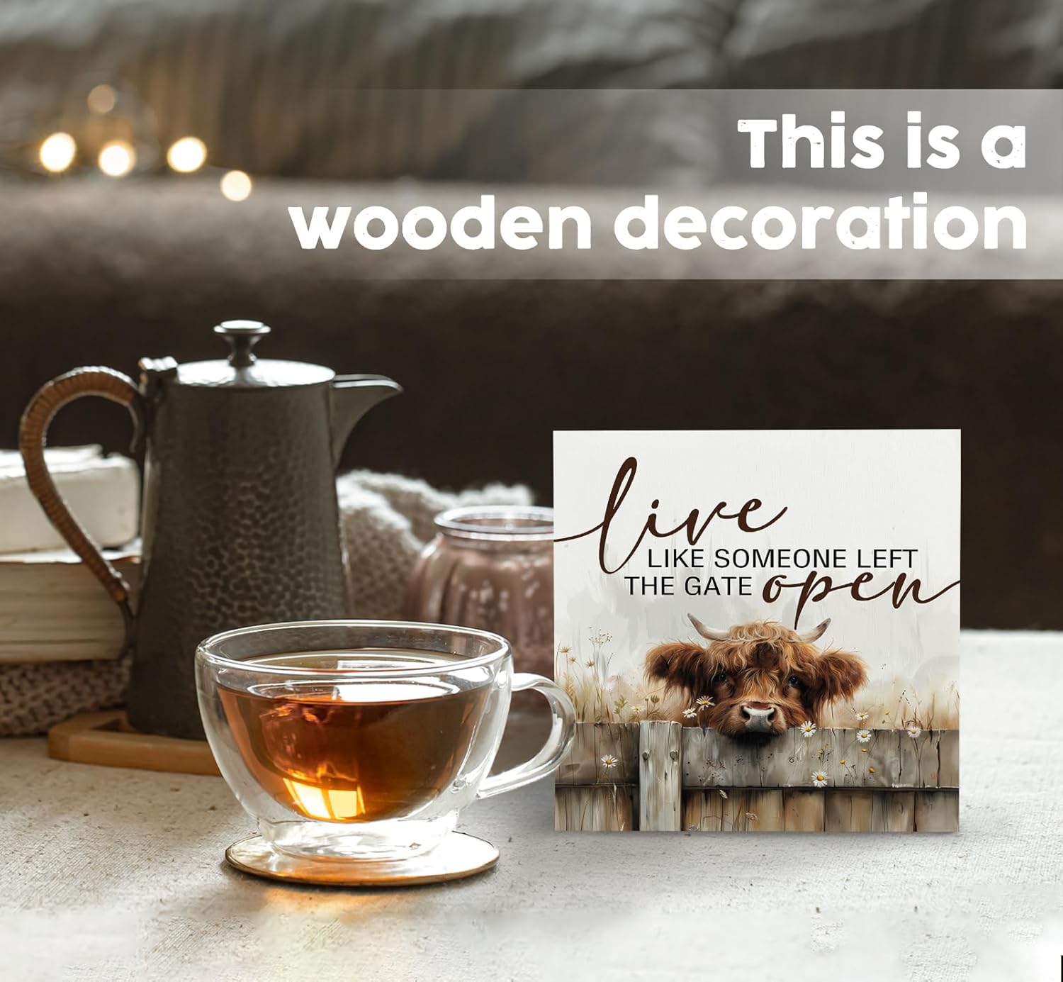 Highland Cow Farmhouse Wooden Box Sign - Farmhouse Western Animal Office Kitchen Bathroom Decor,Farm Live Like Someone Left The Gate Open,Highland Cow Gifts For Women - Image 2