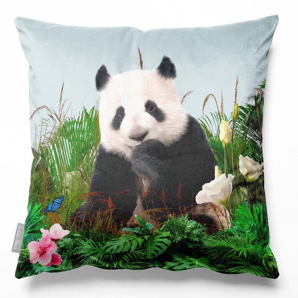 Izabela Peters Forrest Panda - Duck Egg Blue Cushions With Covers Included, Filled Cushion, Eco-Friendly Velvet Cushions, 40 Cm, Chair Cushions, Sofa Cushions, Seat Cushions, Large Cushions