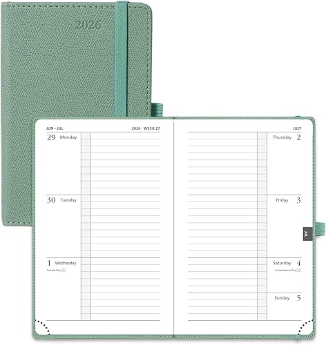 POPRUN 2026 Weekly & Monthly Planner Calendar,Pocket 4'' x 6.25'', Horizontal Layout with Lined Sections, Jan. 2026 - Dec. 2026, Leather Hardcover, 100GSM Paper, Inner Pocket - Midnight Green