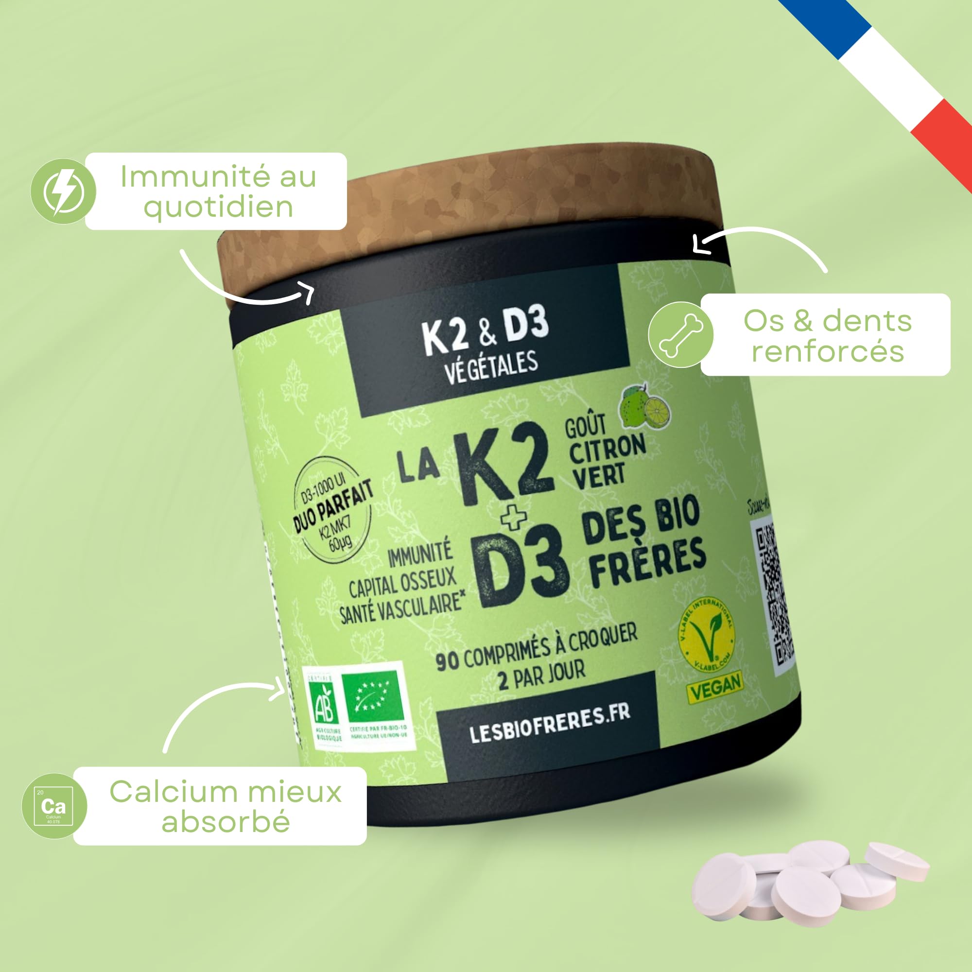 La K2-90 Comprimés à Croquer Citron Vert - Os, Dents & Immunité - Calcium - 45 Jours