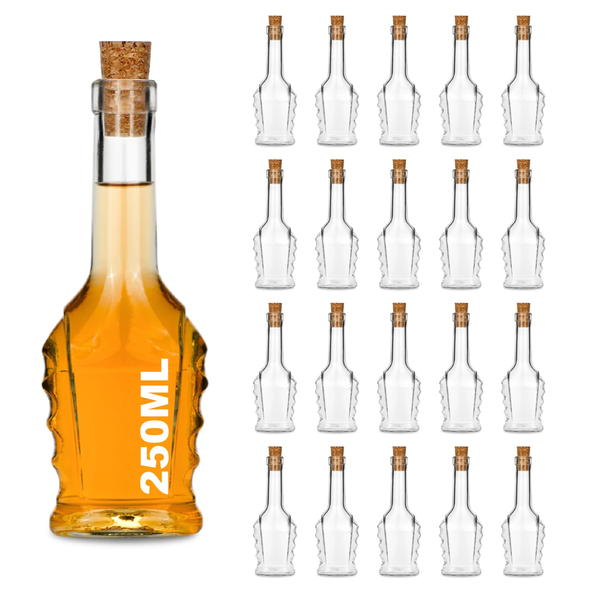 20 Piccole Bottiglie di Vetro Bucaresdt Con Tappo di Sughero SPI 250 ml per Succo, Sciroppo, Liquore da 0,25 Litri