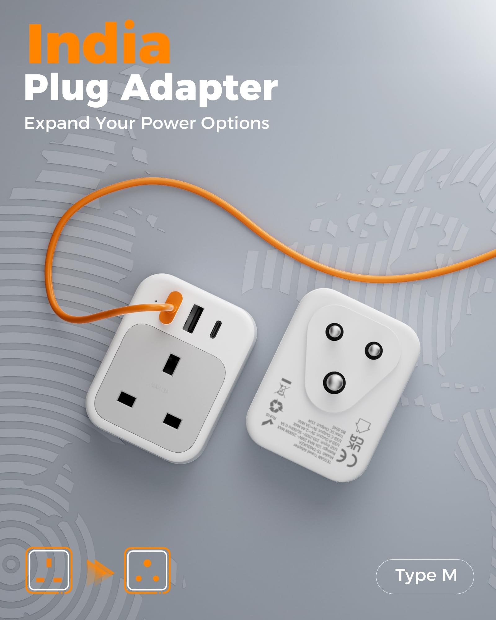 South Africa Plug Adapter 2 Pack, TESSAN UK to South Africa Plug Adapter with USB C and 2 USB A, 4 in 1 Type M Travel Adaptor — view 7