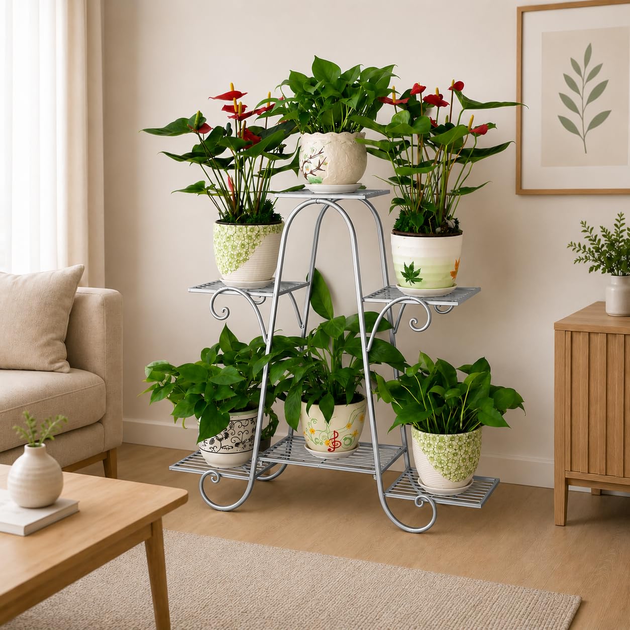 Plant Stand Metal Indoor Outdoor Multiplurpose Used Six Tier Tall Corner Flower Pot Holder Stands Shelf Rack Wrought Iron Tiered Planter Shelves for Patio, Living Room (Silver)-image-7