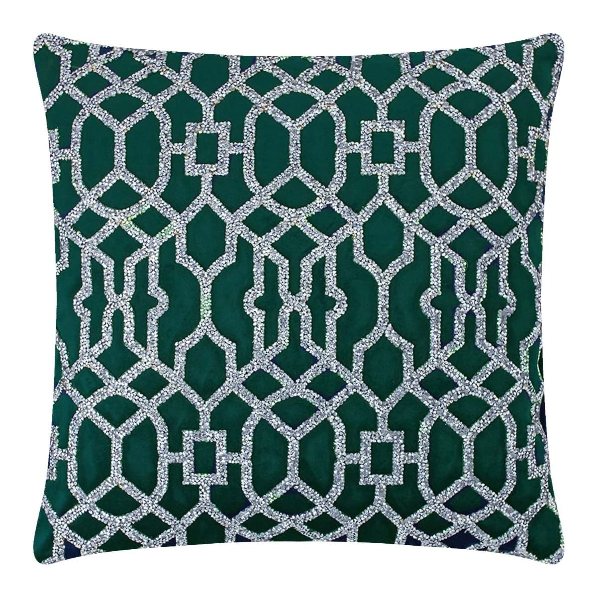 Lattice Pillow, Sparkling Rhinestones on Soft Velvet, Feather Insert, Washable Cover, Unique, Statement Home Decor, Emerald, 16x16, Sold Individually