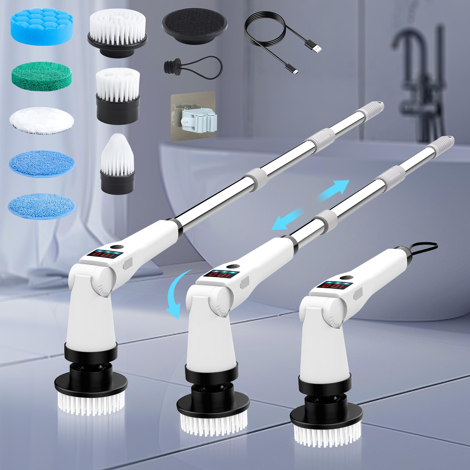 Electric Spin Scrubber Shower Scrubber with Long Handle 3 Speeds 5200mAh Rechargeable Cordless Power Scrubber Retractable Adjustable Angle