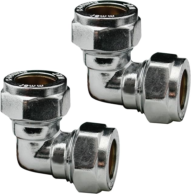 Pipestation 15mm Chrome Plated Compression Elbows Angled Pipe Connectors for Copper Pipe - Pack of 2 (Comp Elbow 15mm PK 2)