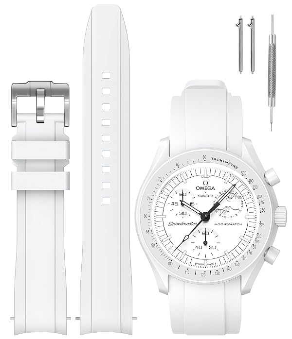 REBANDACE Strap for 20mm MoonSwatch,Curved Silicone Replacement Band for Omega X Swatch Speedmaster Watch 20mm,Soft 22mm Strap for Men Women Watch (White, 20mm) by REBANDACE - Used condition - US$9.78