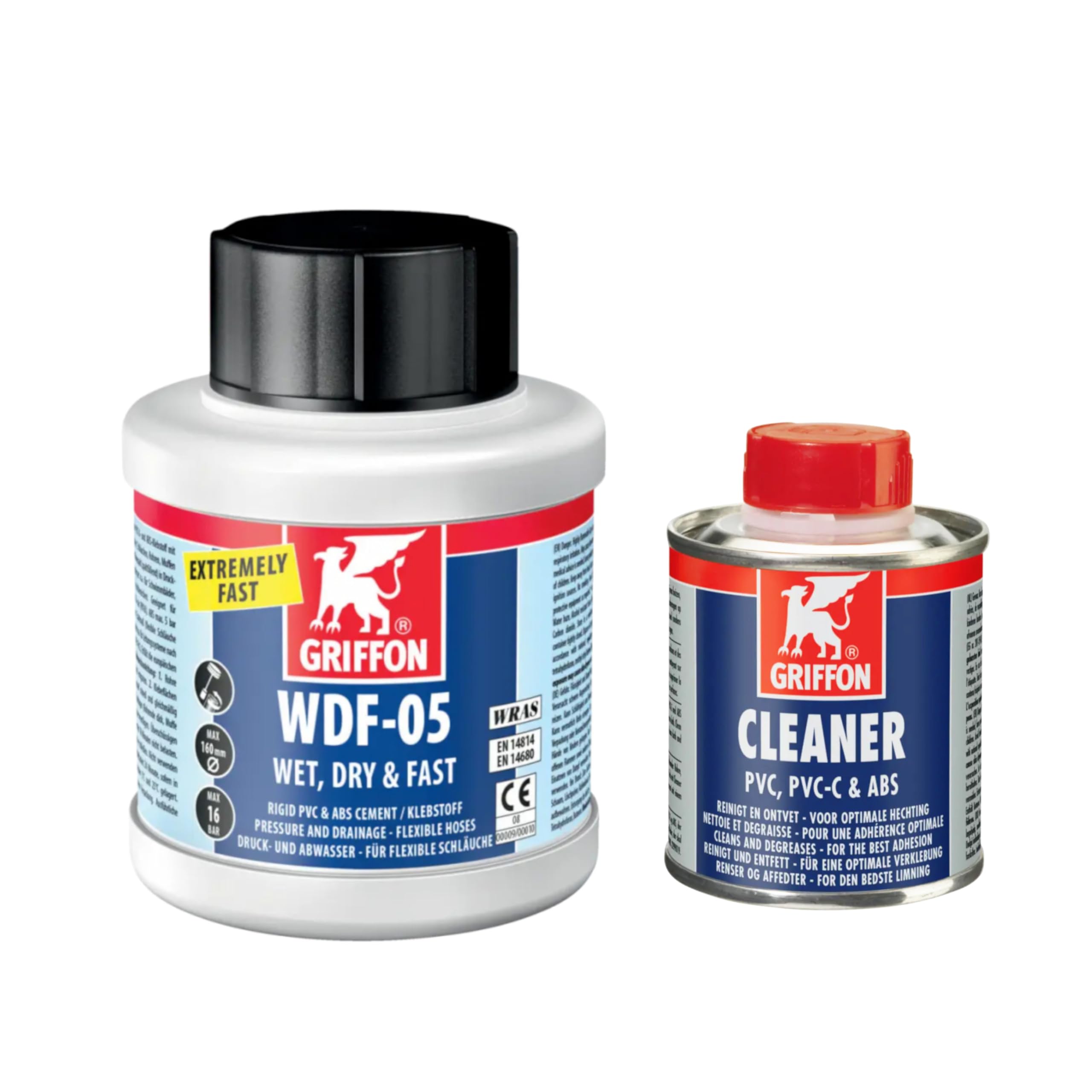 Griffon PVC-U Kleber WDF-05 250ml Dose mit Pinsel + PVC Reiniger 125ml Spezialkleber für PVC Rohre Fittings