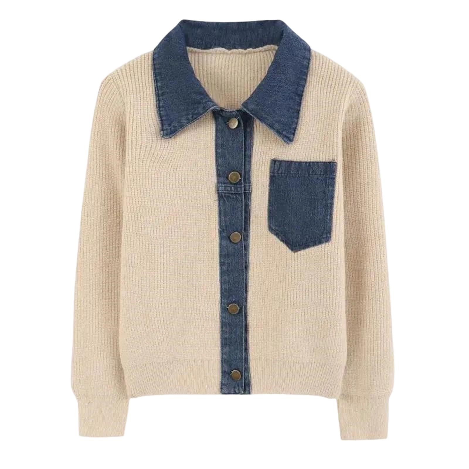Womens Cardigan Sweaters Patchwork Denim Sweater Long Sleeve Chunky Knit Fall Cardigan Jacket with Pockets