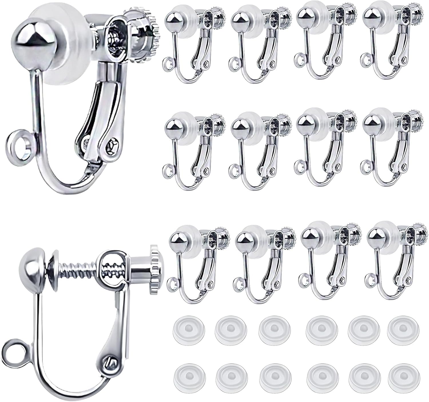 12pcs Sterling Silver Plated Clip-on Earring Converters Brass Screw Back Non Pierced Ear Clips Components with Loop and 12pcs Anti-Pain Pads for DIY Earrings Jewelry Making