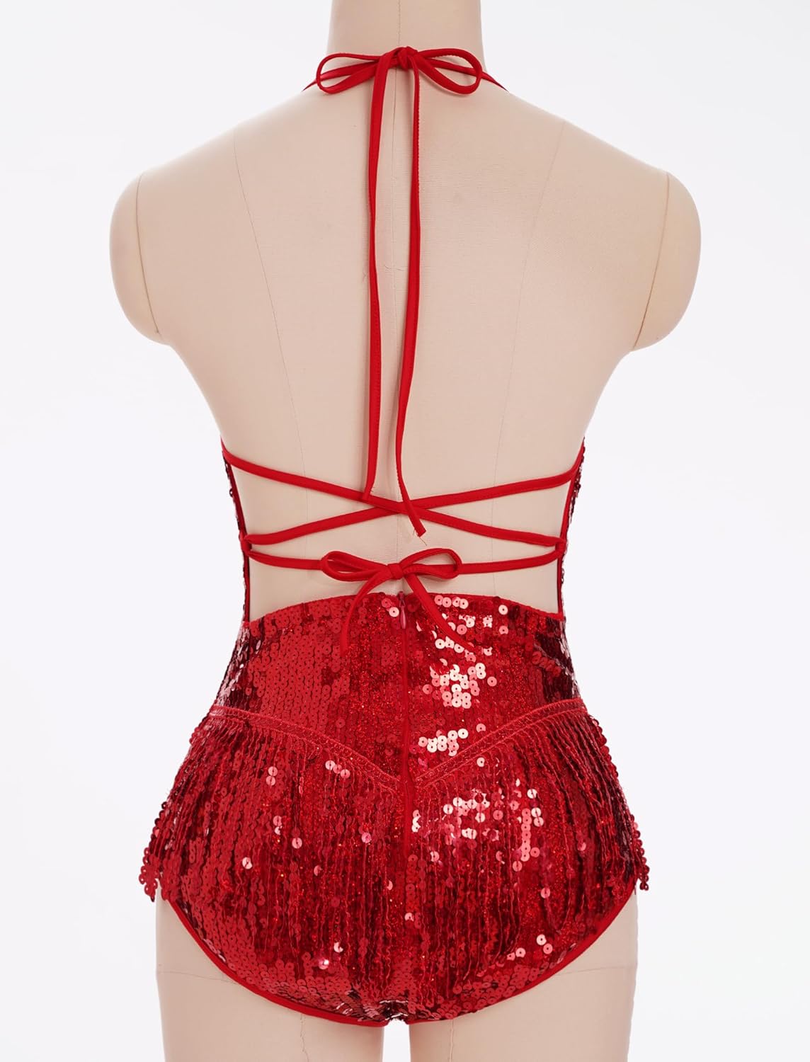 IBAKOM Sexy Sequins Fringe Bodysuit Halter Lace Up Back Jazz Latin Dance Tassel Leotard Acrobat Costume Rave Concert Outfits - Image 2