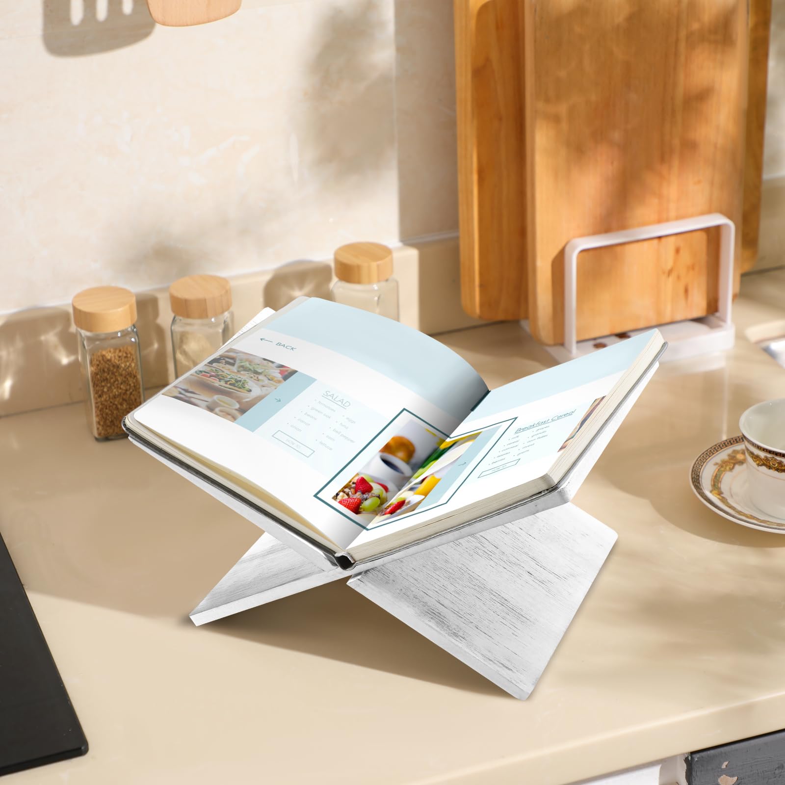 Geetery Soporte para libros, soporte para libros, soporte para libros de texto, soporte abierto para libros abiertos y cerrados, libros de cocina, revistas, libros de texto, soporte de recetas (blanco