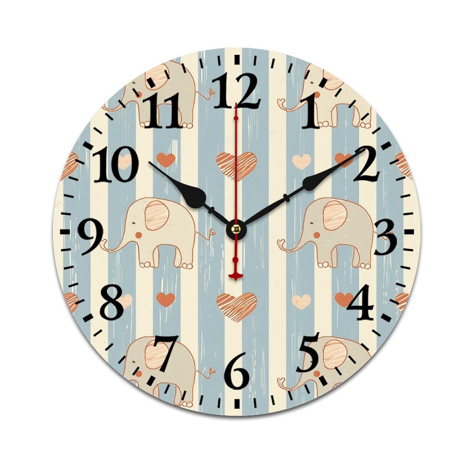 NTVOWPZO 10 Inch Wall Clock Wooden Stripes and Elephants Battery Operated Wall Clocks Silent Non-Ticking Square Wall Clock for Living Room Kitchen Home Office Wall Decorative Clocks