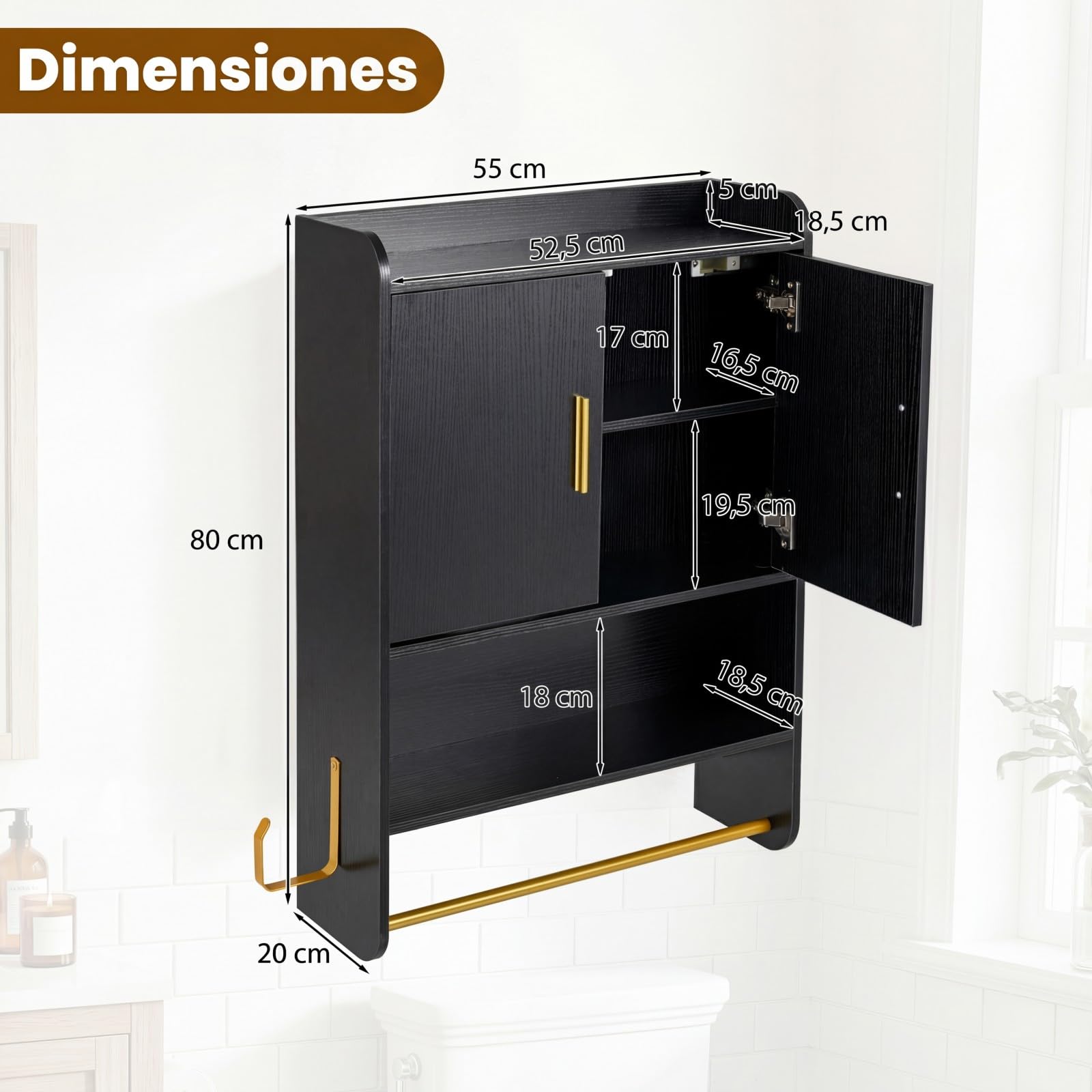 COSTWAY Armario de Pared para Baño, Armario de Almacenamiento con Puertas, Estante Ajustable, Compatimento Abierto, Barra para Colgar, Mueble Colagnte para Cocina, Salón, 55 x 20 x 80 cm (Negro)