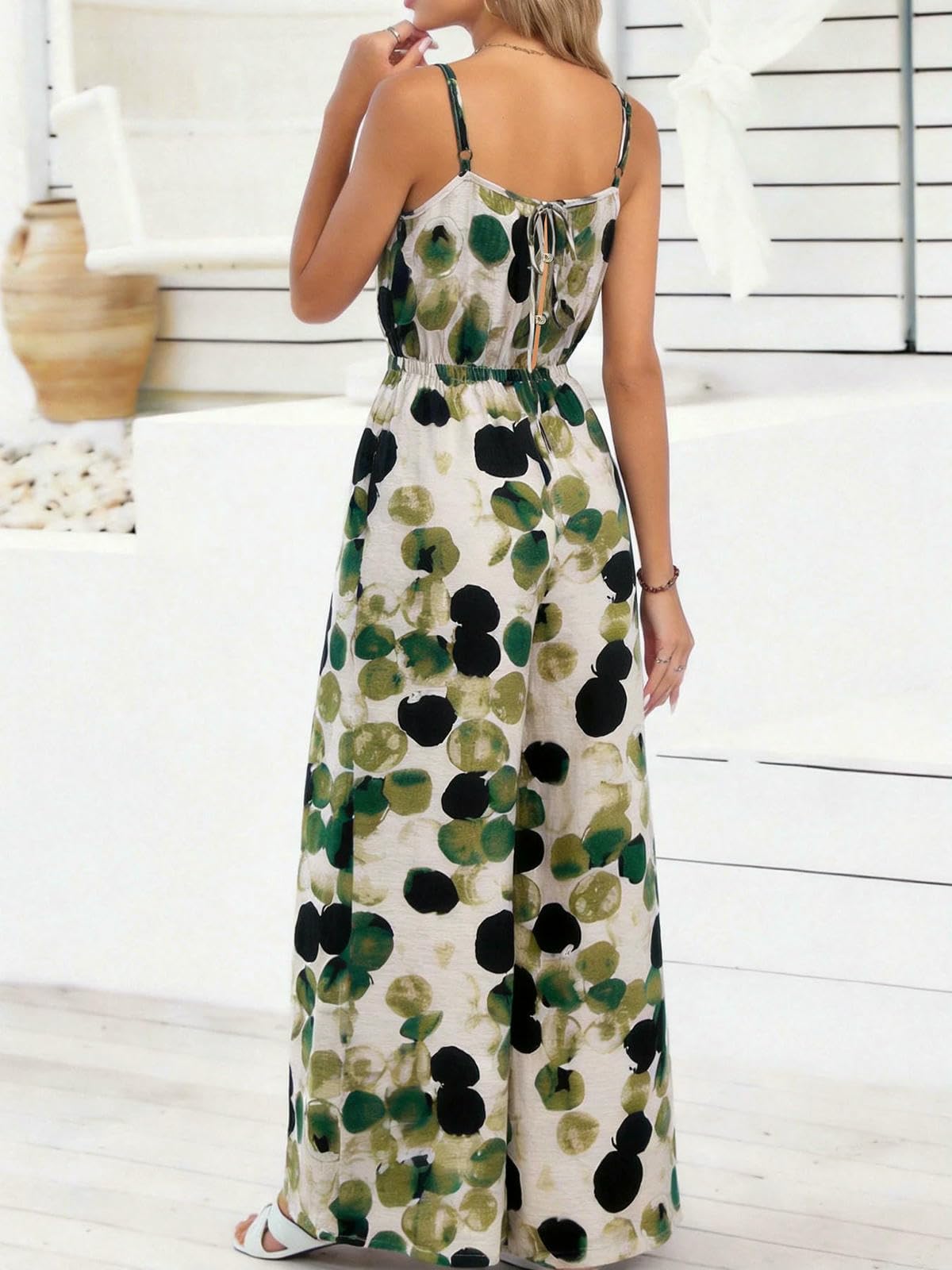 Mono De Verano Mono De Mujer Verde Y Negro con Estampado, Tirantes Finos Y Pernera Ancha.