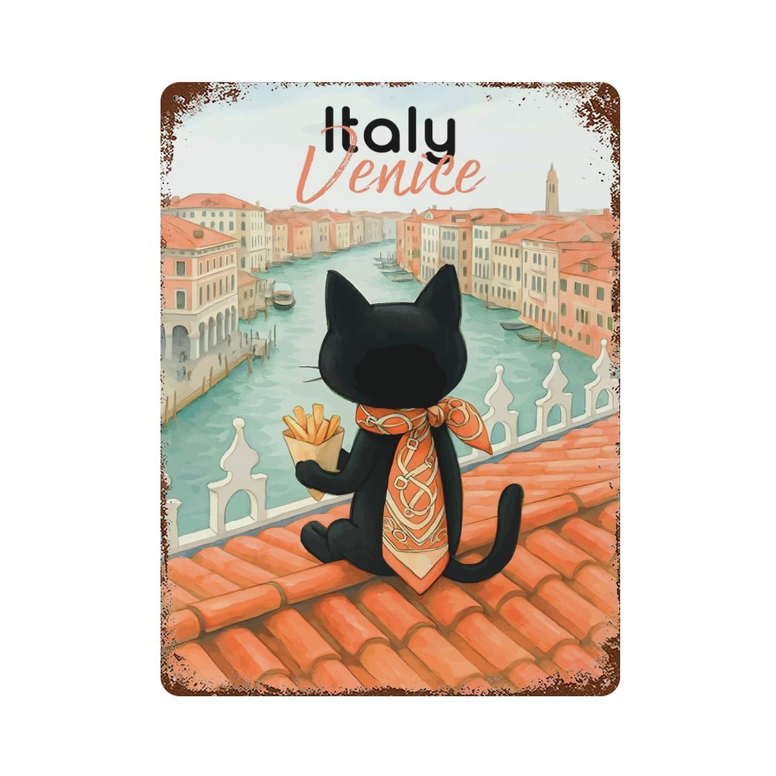 Vintage Rust Metal Sign with Black Cat in Venice with Fries Design 15.7"x11.8", for Shed, Workshop And Garage Wall Decor, Retro Wall Decor