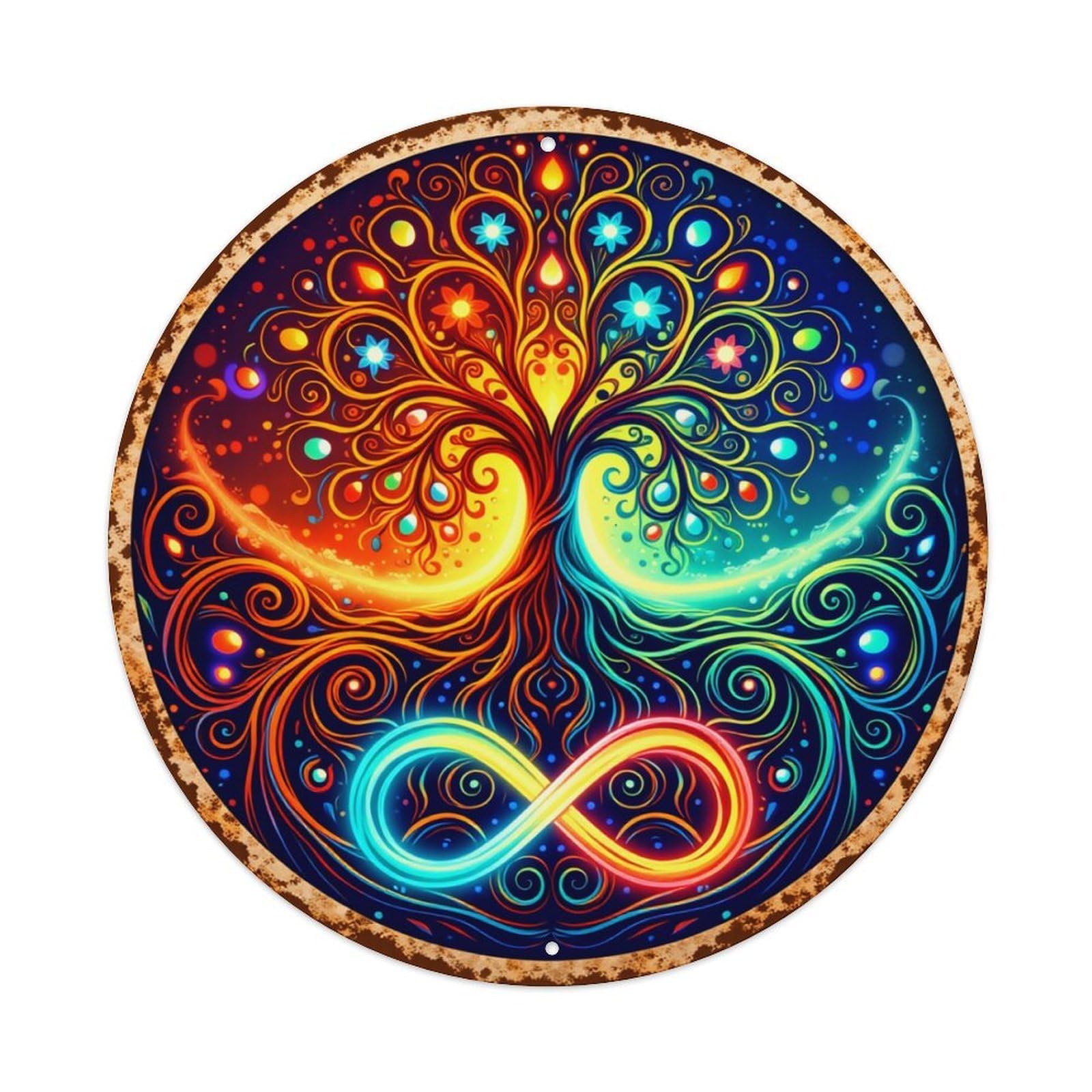 Colorful Tree Yin Yang Infinity Pattern Round Tin Sign Retro Metal Sign for Cafe Bar Pub Home Game Room Gym Club Wall Decoration Vintage Metal Poster 8x8 Inch