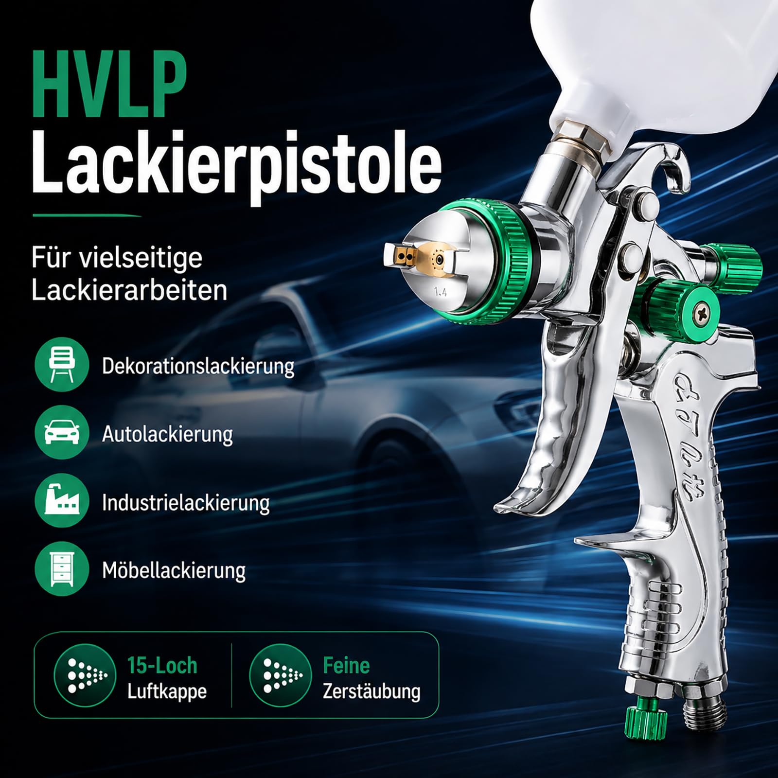 HVLP Lackierpistole Spritzpistole Kit 4 Düsen 1,4mm 1,7mm 2,0mm 2,5mm 600 ml Plastikbecher Grün