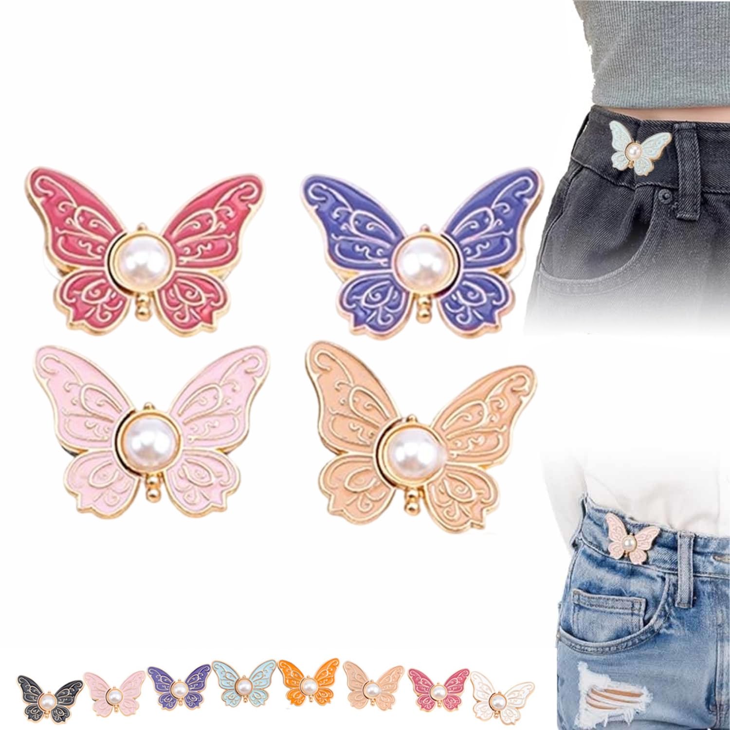 OFY ONLY FOR YOU Pearl Butterfly Waist Buckle, Detachable Butterfly Clips, Women's 6Pcs Butterfly Waist Tighteners