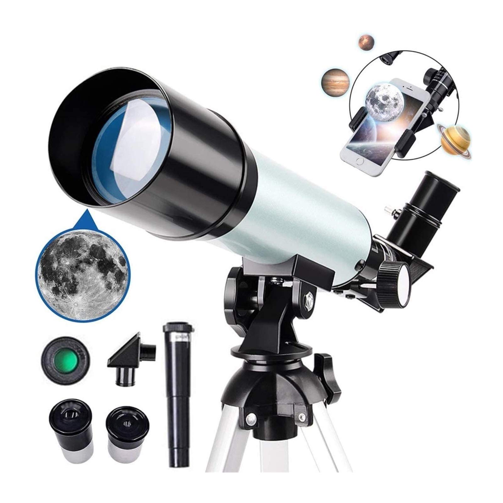 Télescope astronomique Ultra HD 50 mm pour débutants Adultes et télescope réfracteur 360 mm de Longueur focale Adaptateur Compact pour Smartphone et Observation Portable de la Lune, télescope Doub