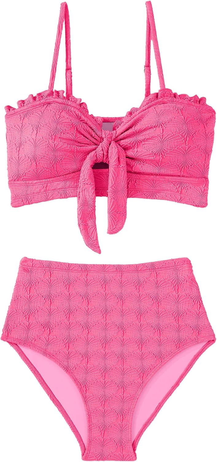 Herseas Women's Seashell Textured Bikini Sets Knotted Front 2 Piece Swimsuits Ruffle Trim Bathing Suits