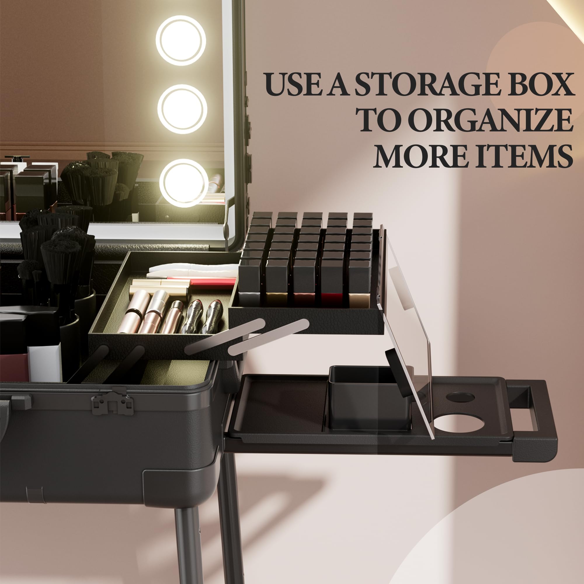 Valigetta Trucco con Rotelle in Alluminio, Grande Specchio con Illuminazione a LED, Organizzazione Cosmetici con Serratura a Combinazione, Stazione Trucco Pieghevole per Studio e Viaggio, Nera