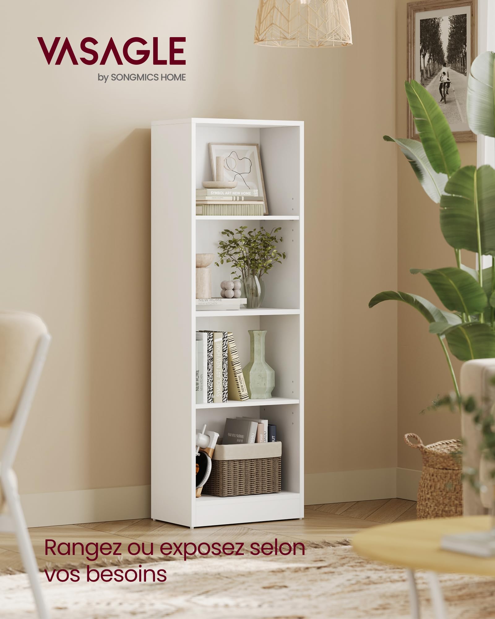 VASAGLE Custos Collection Bookcase, 4 Tier Shelf, Open Storage Unit, Shelf, Shelf, for Living Room, Office, Dining Room, Cloud White LBC104W